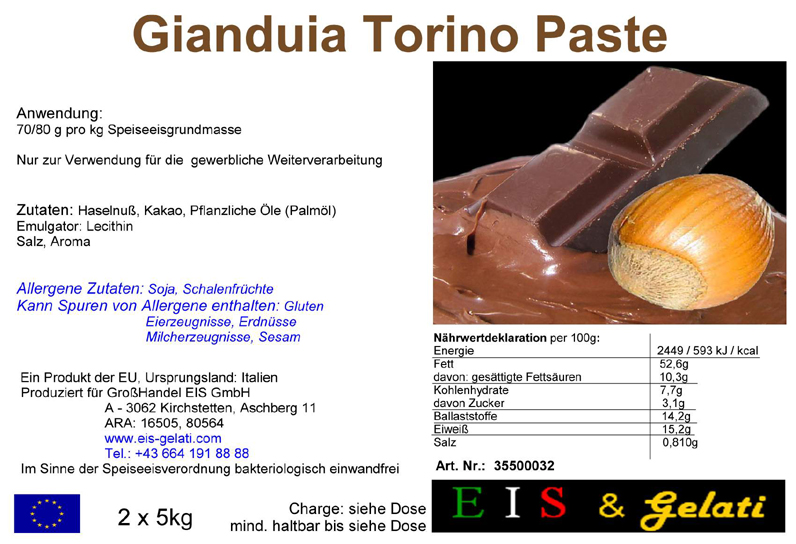 Eis & Gelati Milcheispaste Gianduia Torino. Zur Eisproduktion von Nougat Eis. Die Eispaste ist ohne Zucker