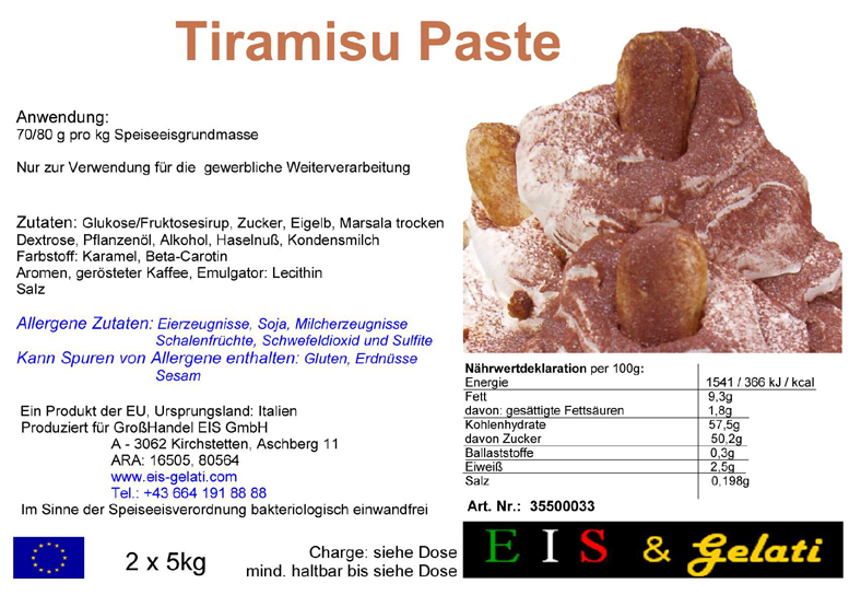 Eis & Gelati Tiramisu Paste. Milcheispaste zur Herstellung von Speiseeis mit der Eissorte Tiramisu Eis